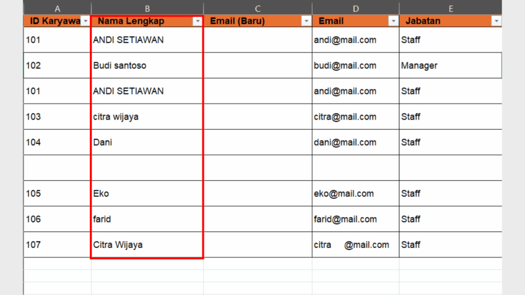 Buat Kolom Baru di Sebelah Kolom Email