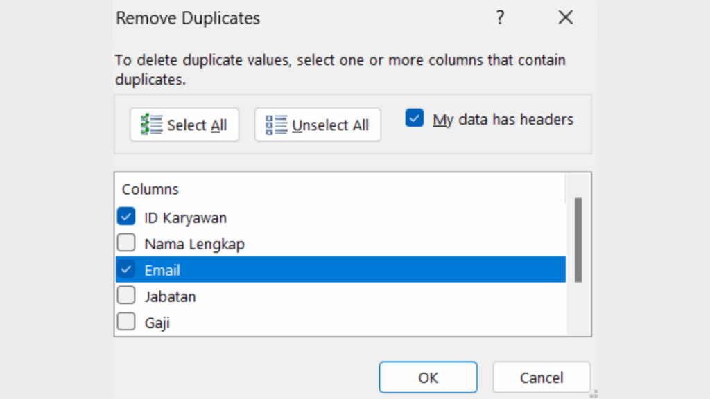 Centang Kolom ID Karyawan dan Email Saja