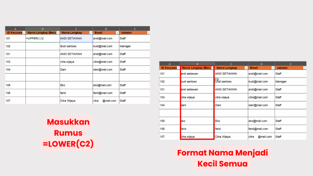 Ketik =LOWER() untuk Mengubah Semua Huruf Menjadi Kecil