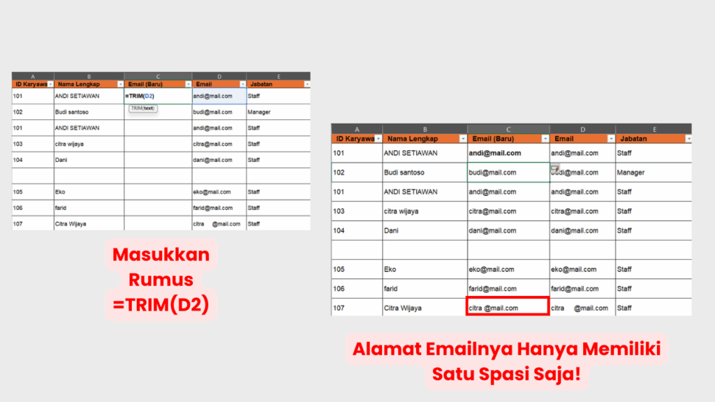  Ketik Rumus =TRIM()