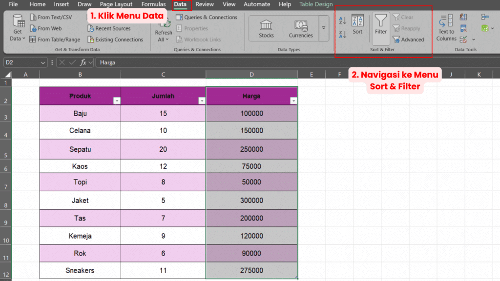 Klik Data dan Navigasi ke Menu Sort & Filter
