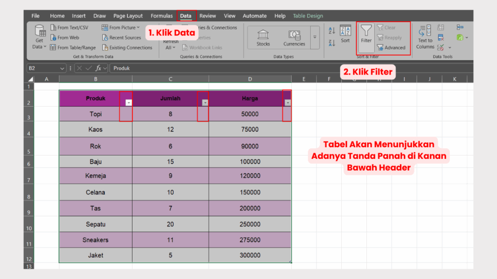 Klik Data lalu Pilih Filter