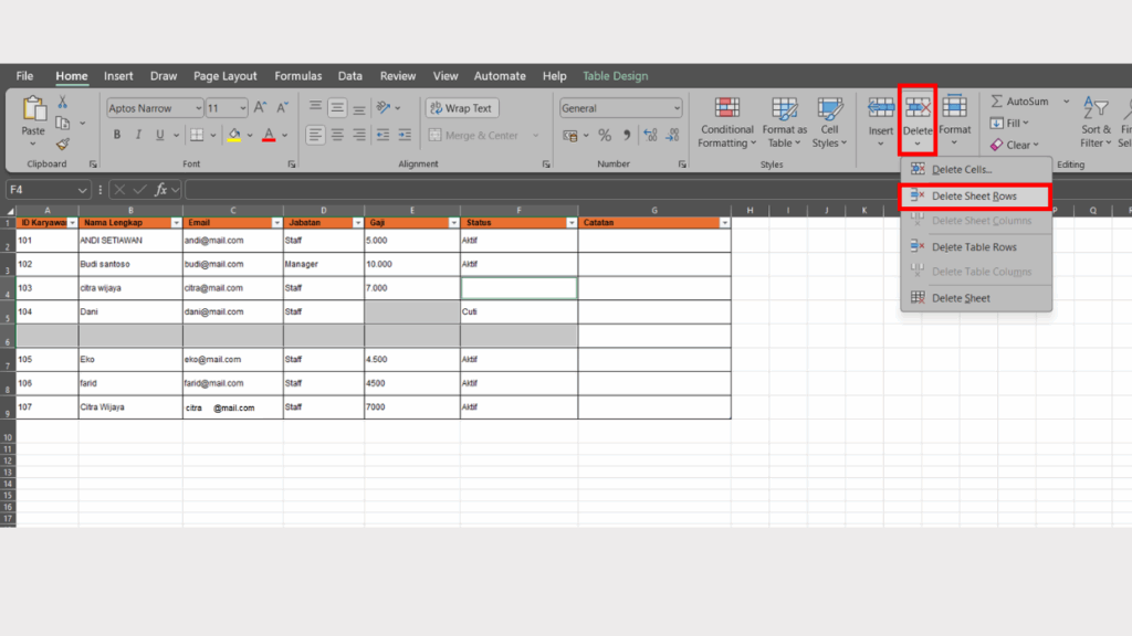 Klik Delete pada Menu Cells lalu Pilih Delete Sheet Rows