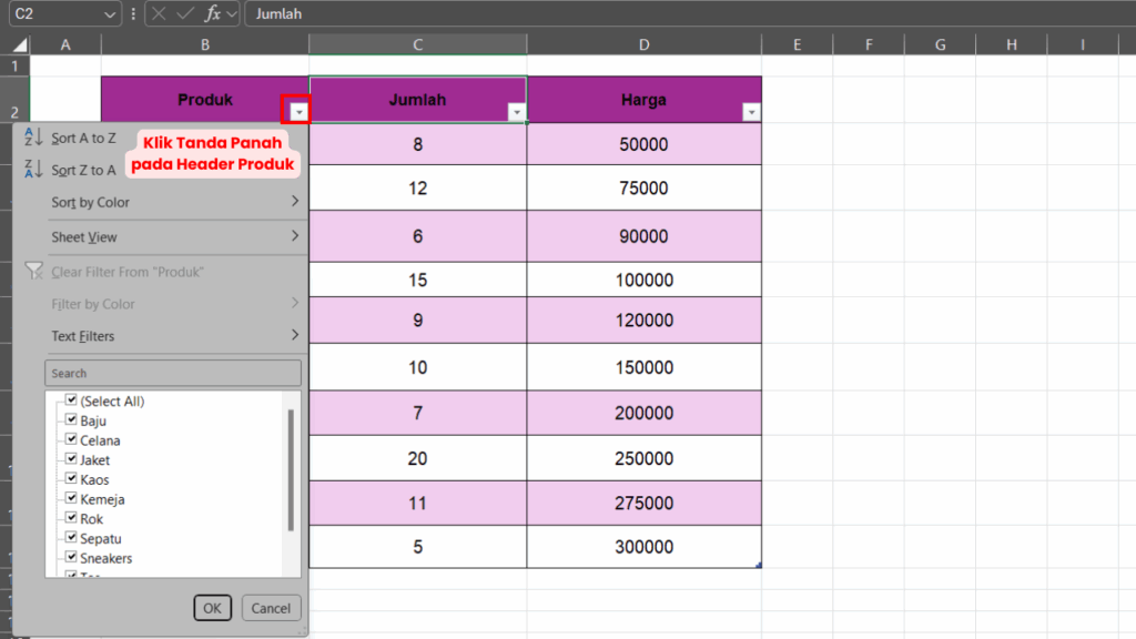 Klik Tanda Panah di Kanan Bawah Header Kolom