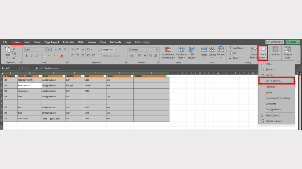 Pilih Home dan Navigasi ke Menu Find & Select