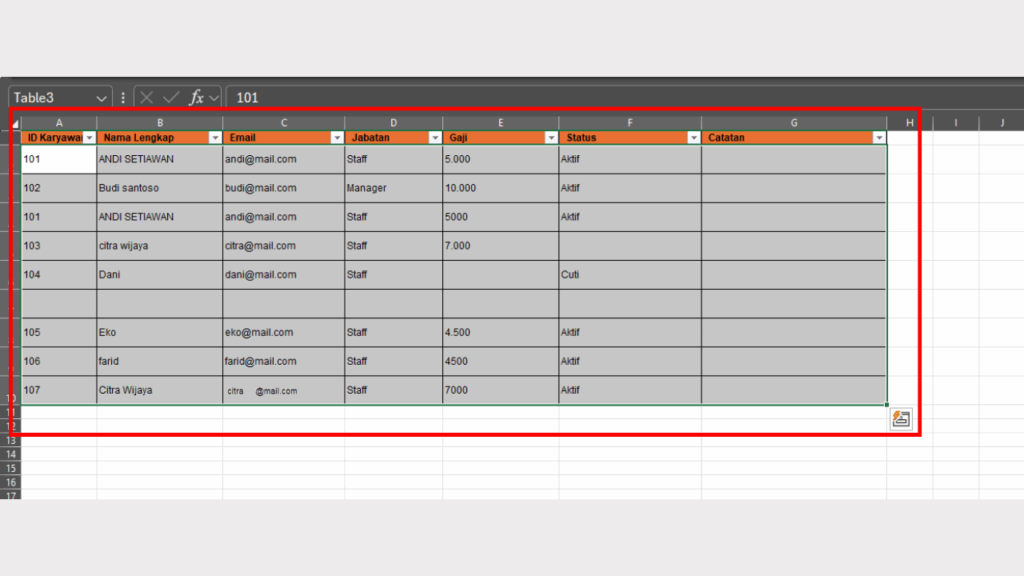 Pilih Seluruh Range Data