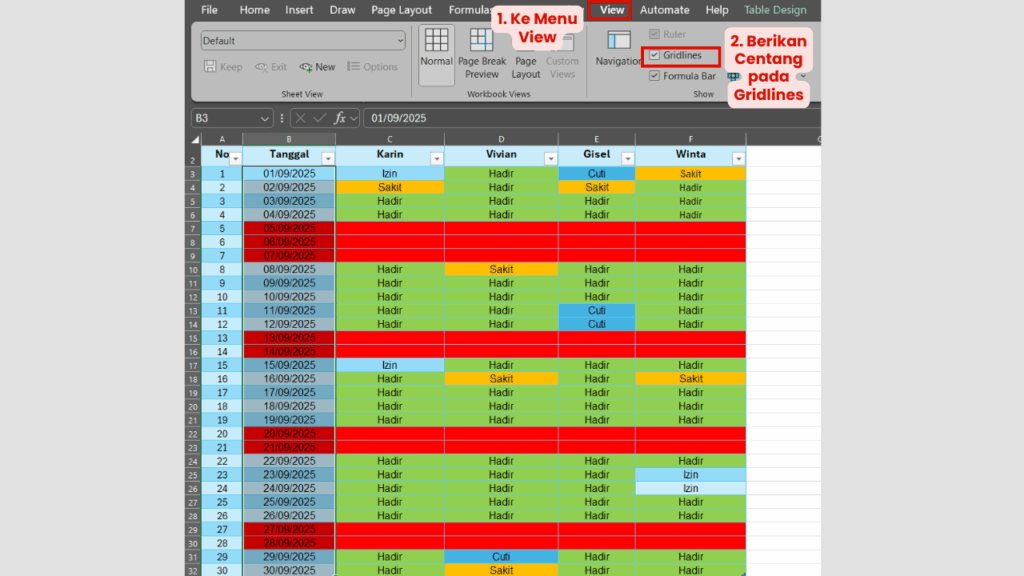 Aktifkan Gridlines dari Menu View