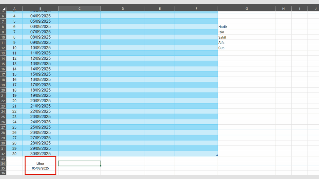 Buat Daftar Hari Libur di Bawah Tabel