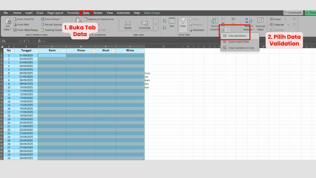 Buka Tab Data lalu Data Validation