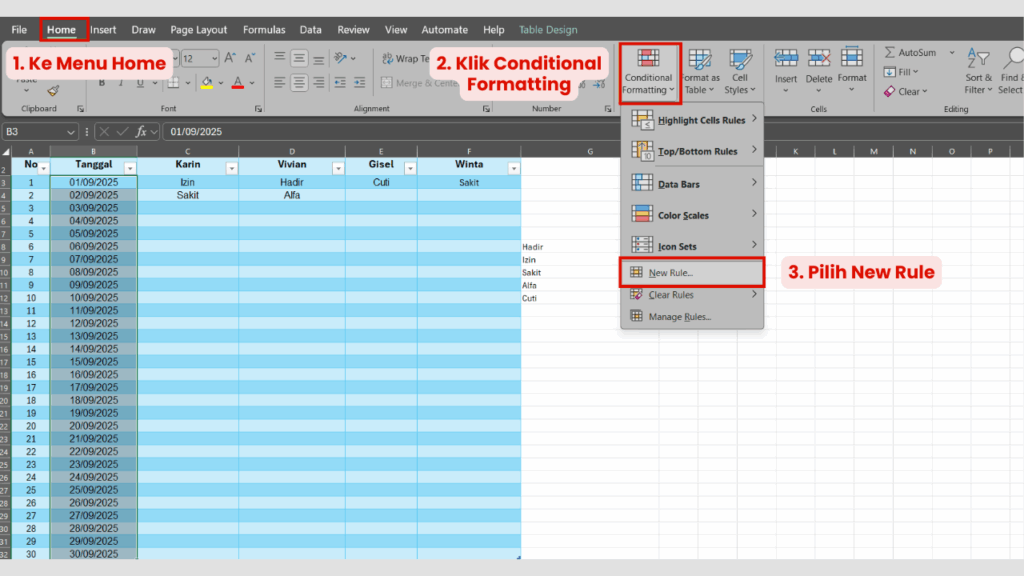 Klik Conditional Formatting dan Pilih New Rule