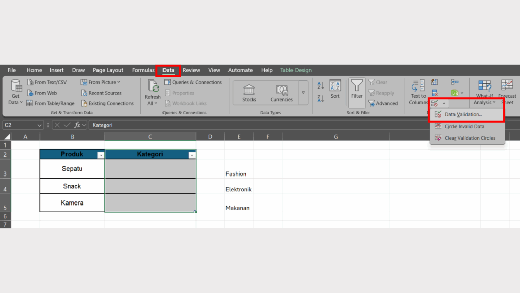 Klik Data dan Pilih Opsi Data Validation