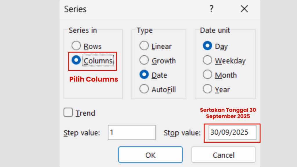 Pilih Columns dan Sertakan tanggal 30 September 2025 di kolom Stop Value