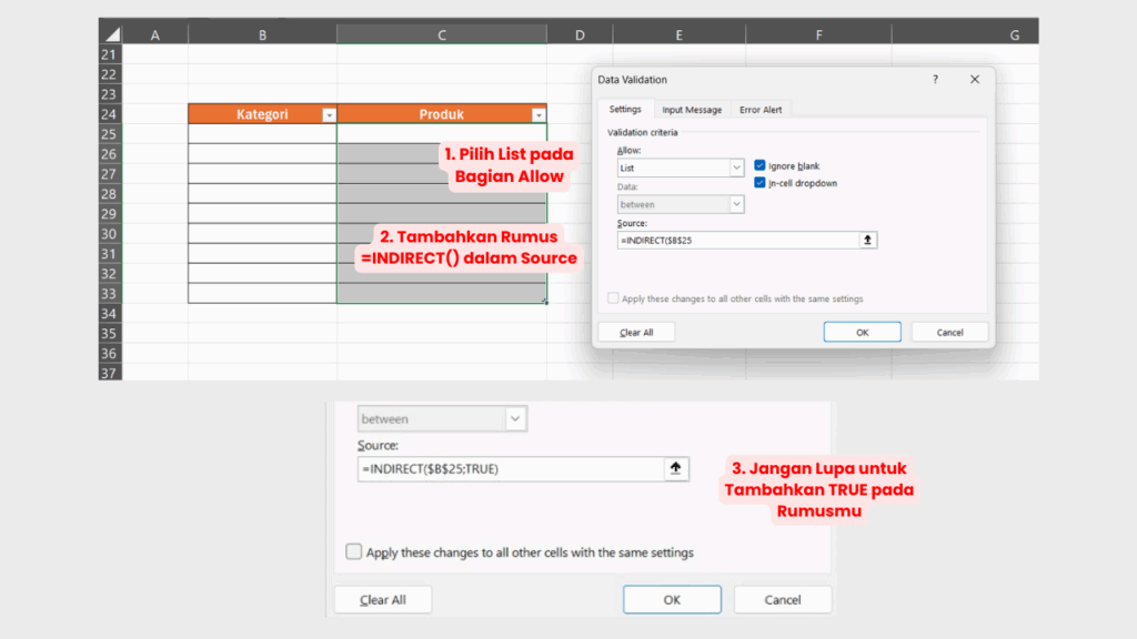 Pilih List dan Ketikkan Rumus INDIRECT pada Source