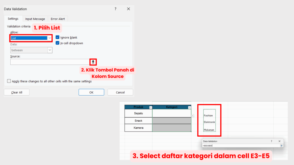 Pilih List dan Source