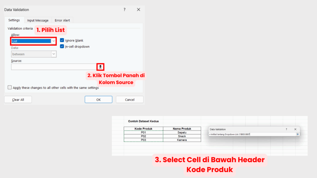 Pilih List dan Source dari Sheet Kedua