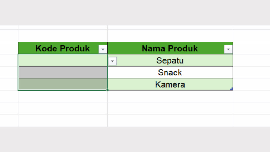 Pilih Sel dalam Header Kode Produk