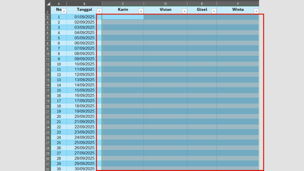 Pilih Semua Cell di Heading Setiap Nama Karyawan
