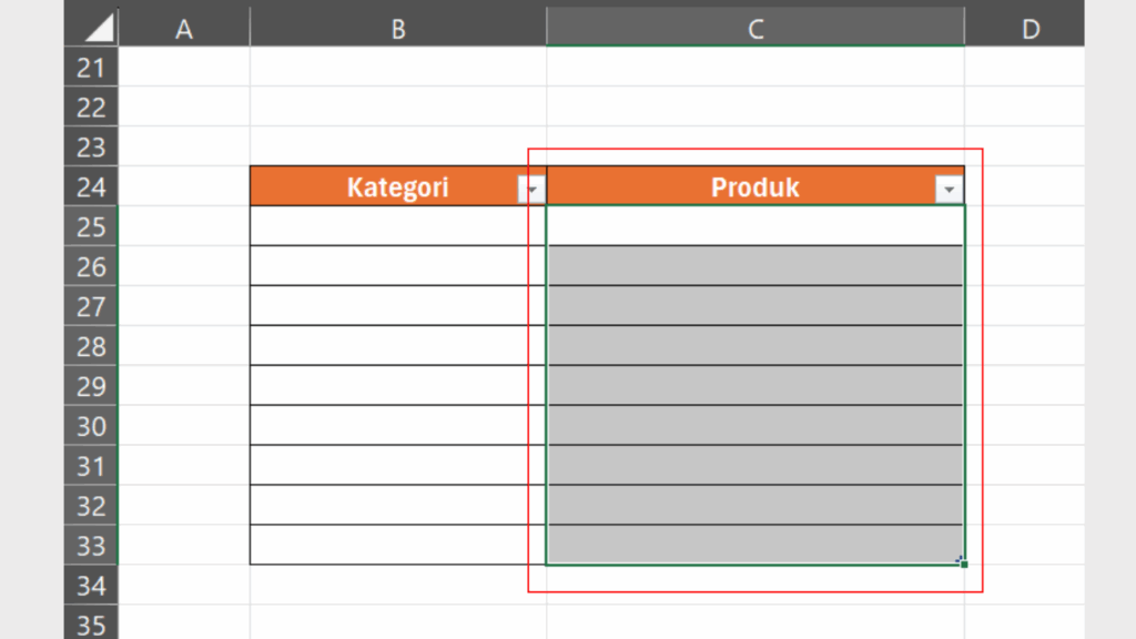 Select Kolom Produk sebagai Menu Dragdown List Kedua