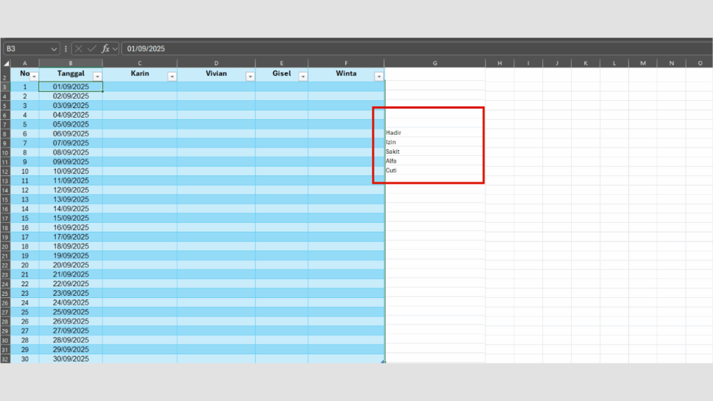 Tulislah Status Kehadiran di Sisi Kanan Tabel
