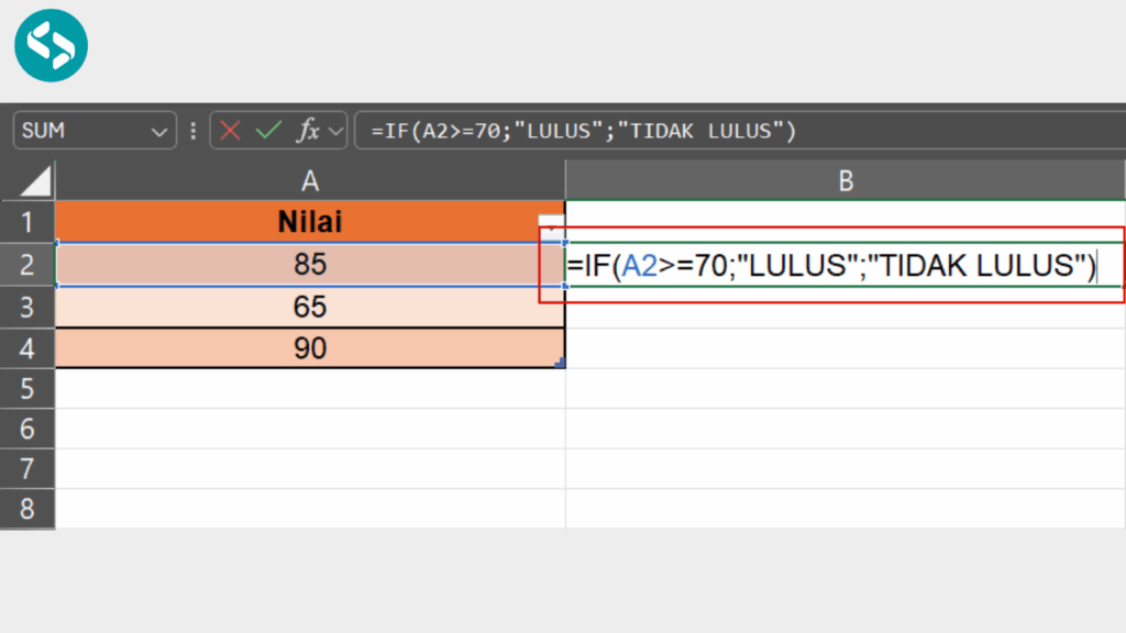 Ketik Rumus =IF(A2_=70;_LULUS_;_TIDAK LULUS_)
