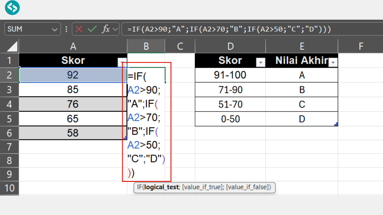 Ketik Rumus =IF(A2_90;_A_;IF(A2_70;_B_;IF(A2_50;_C_;_D_)))