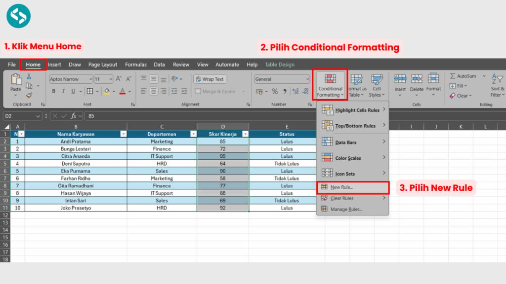 Klik Conditional Formatting lalu New Rule