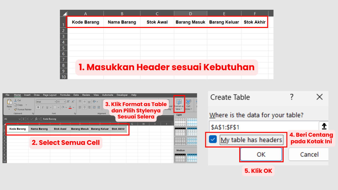 Buat Tabel untuk Setiap Sheet