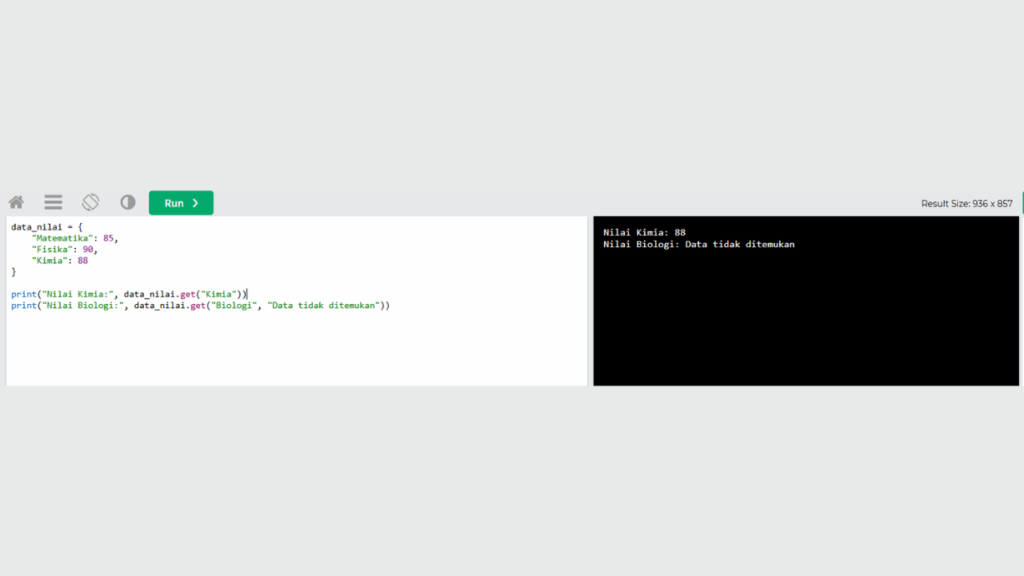 Contoh Kode untuk Mengakses Nilai dalam Dictionary dengan .get()