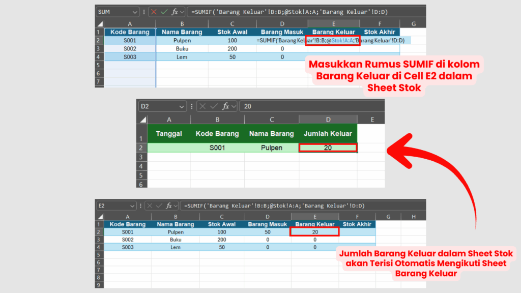 Gunakan Rumus SUMIF di Kolom Barang Keluar dalam Sheet Stok