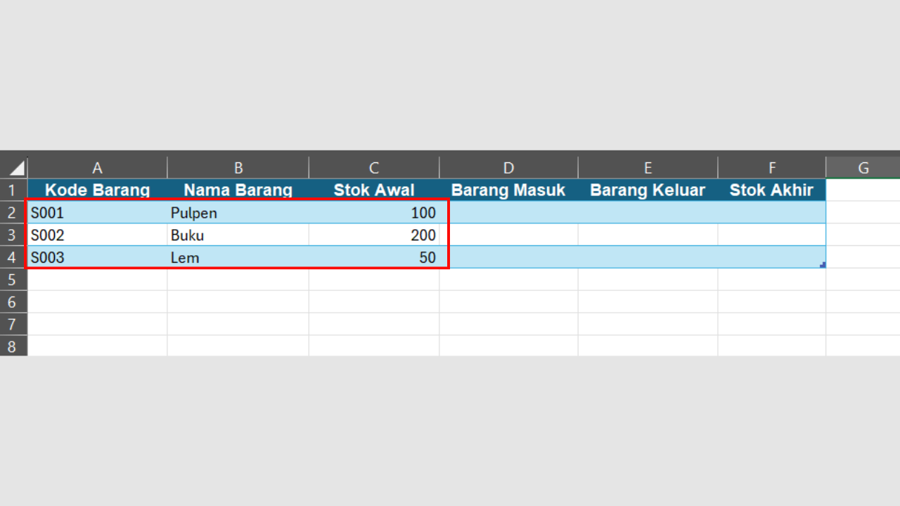 Input List Nama, Kode, dan Stok Awal Barang dalam Sheet Stock