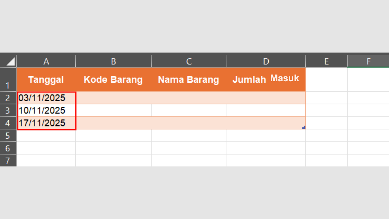 Input Tanggal Masuk Barang dalam Sheet Barang Masuk