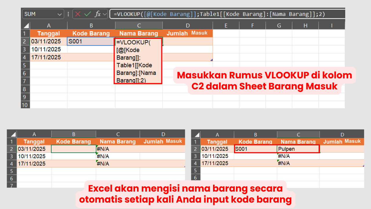 Masukkan Rumus VLOOKUP untuk Kolom Nama Barang