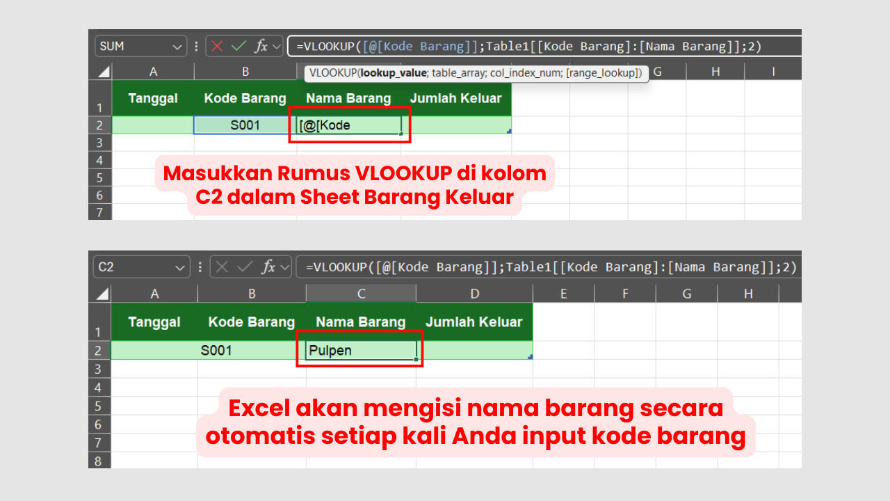 Masukkan Rumus VLOOKUP yang Sama dalam Sheet Barang Keluar