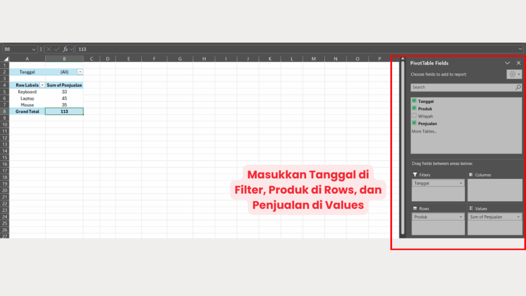 Sesuaikan Kolom Rows, Columns, dan Value Sesuai Kebutuhan