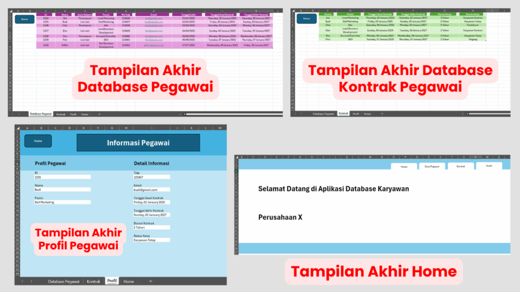 Tampilan Akhir Database Pegawai, Kontrak, Profil. dan Home