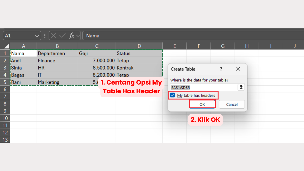 Centang Opsi My Table Has Headers lalu Klik OK