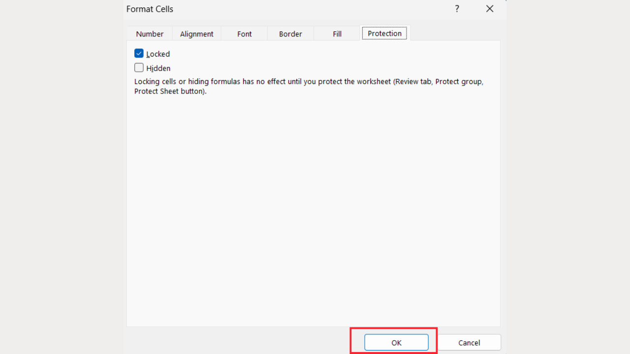 Klik OK untuk Aktifkan Protect Sheet