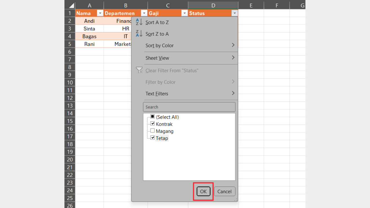 Klik OK untuk Mengaktifkan AutoFilter