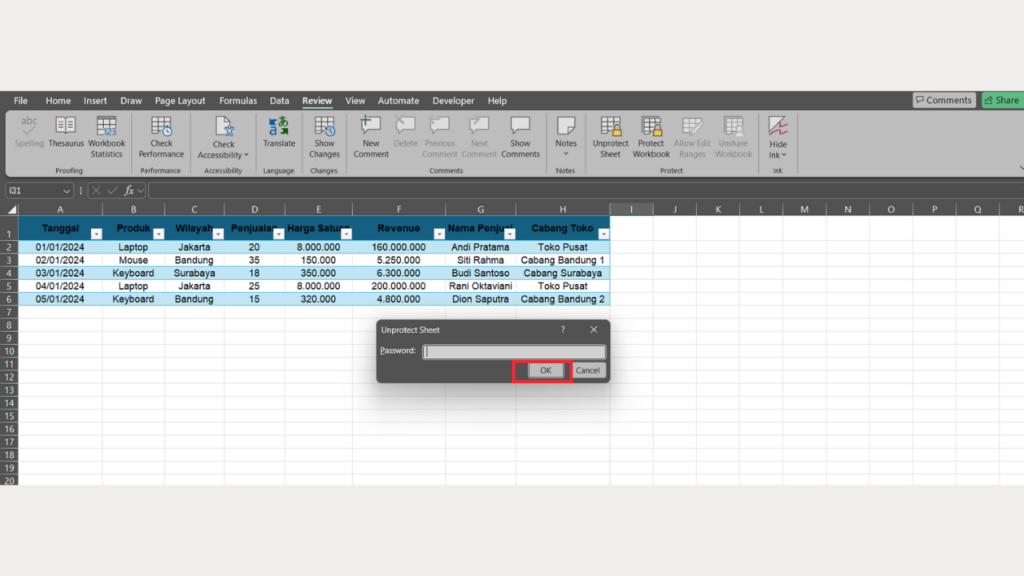 Klik OK untuk Menonaktifkan Fitur Sheet Protect