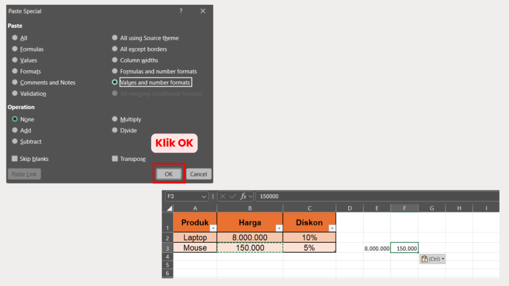 Klik Tombol OK untuk Mengaktifkan Paste Special