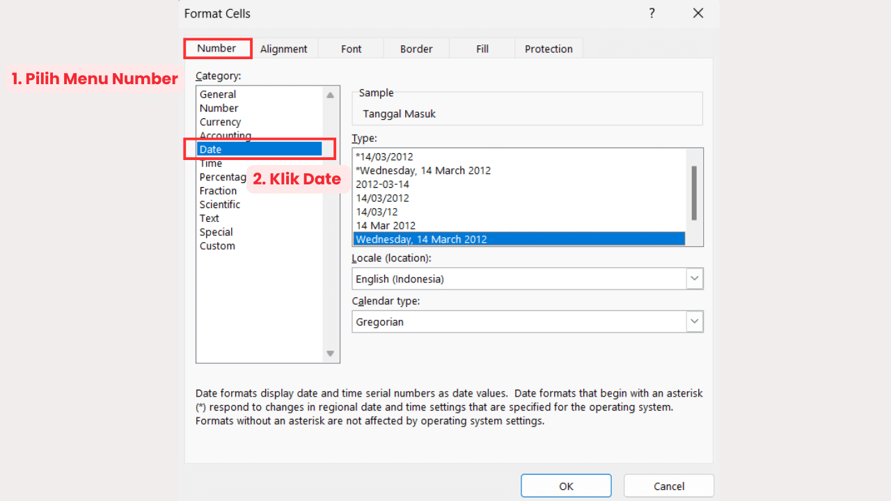 Tekan Shortcut Ctrl+1 lalu Pilih Menu Number