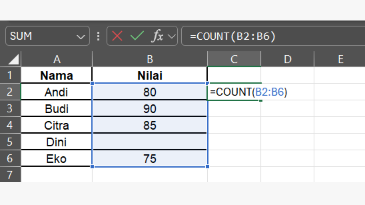 Ketik Rumus =COUNT(B2:B6)