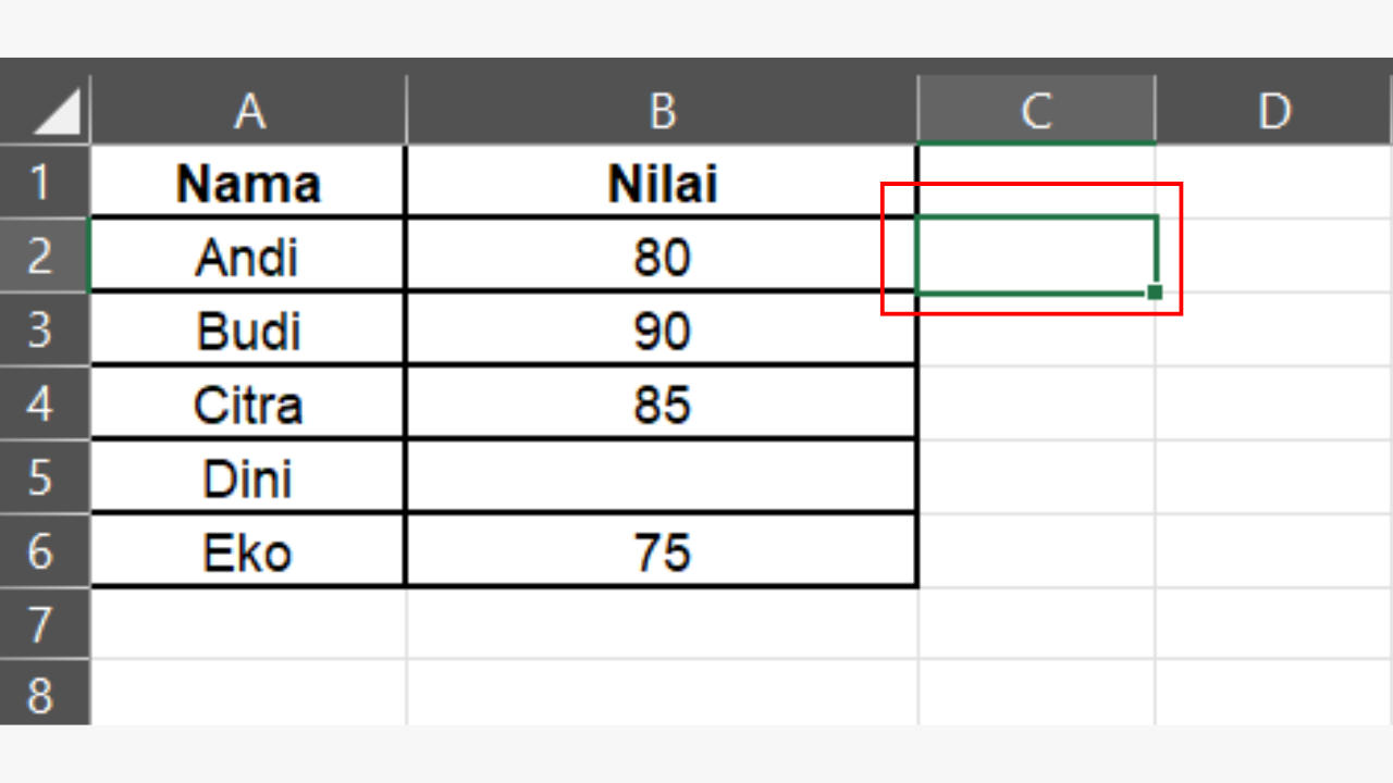 Klik Cell C2 Sebagai Tempat Hasil Count