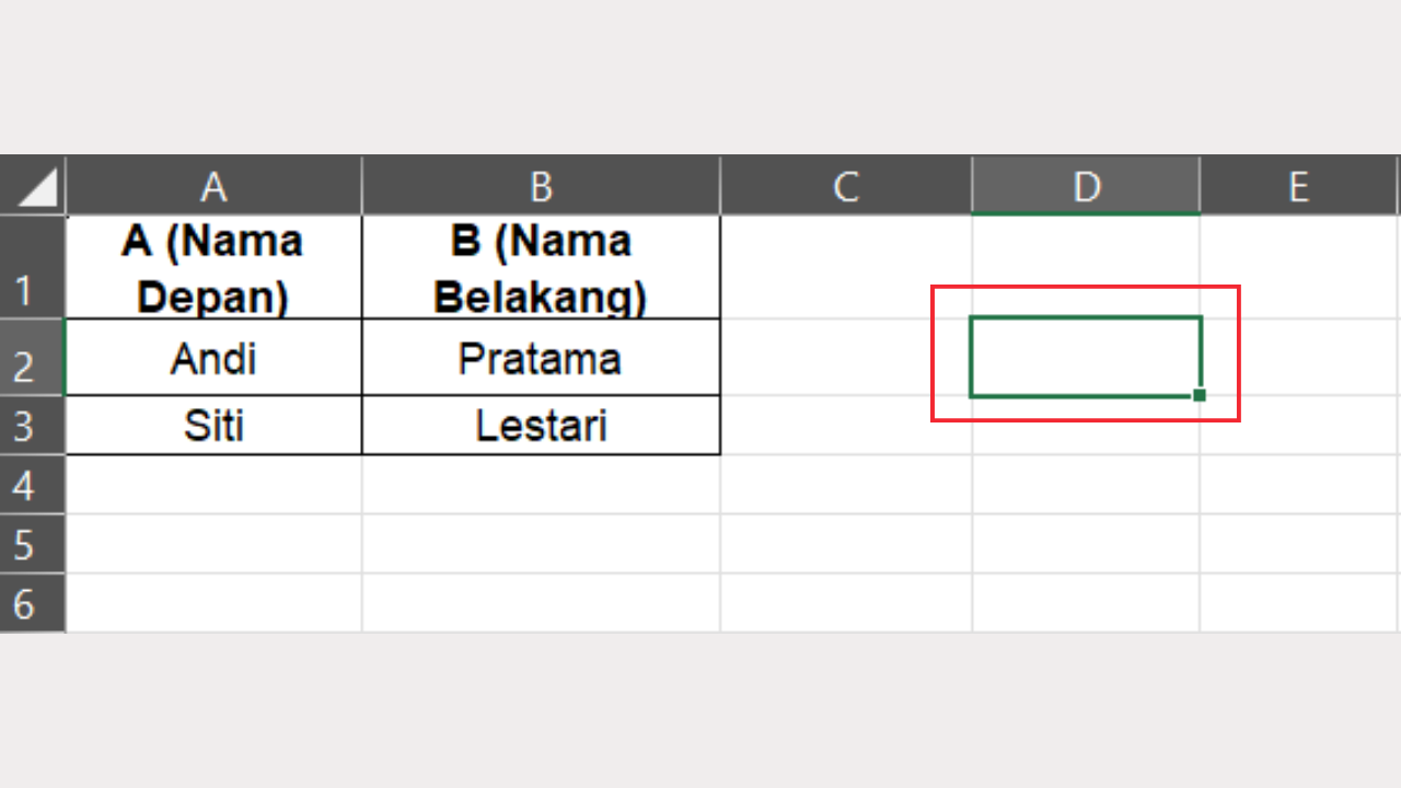 Klik D2 Sebagai Tempat Hasil CONCATENATE