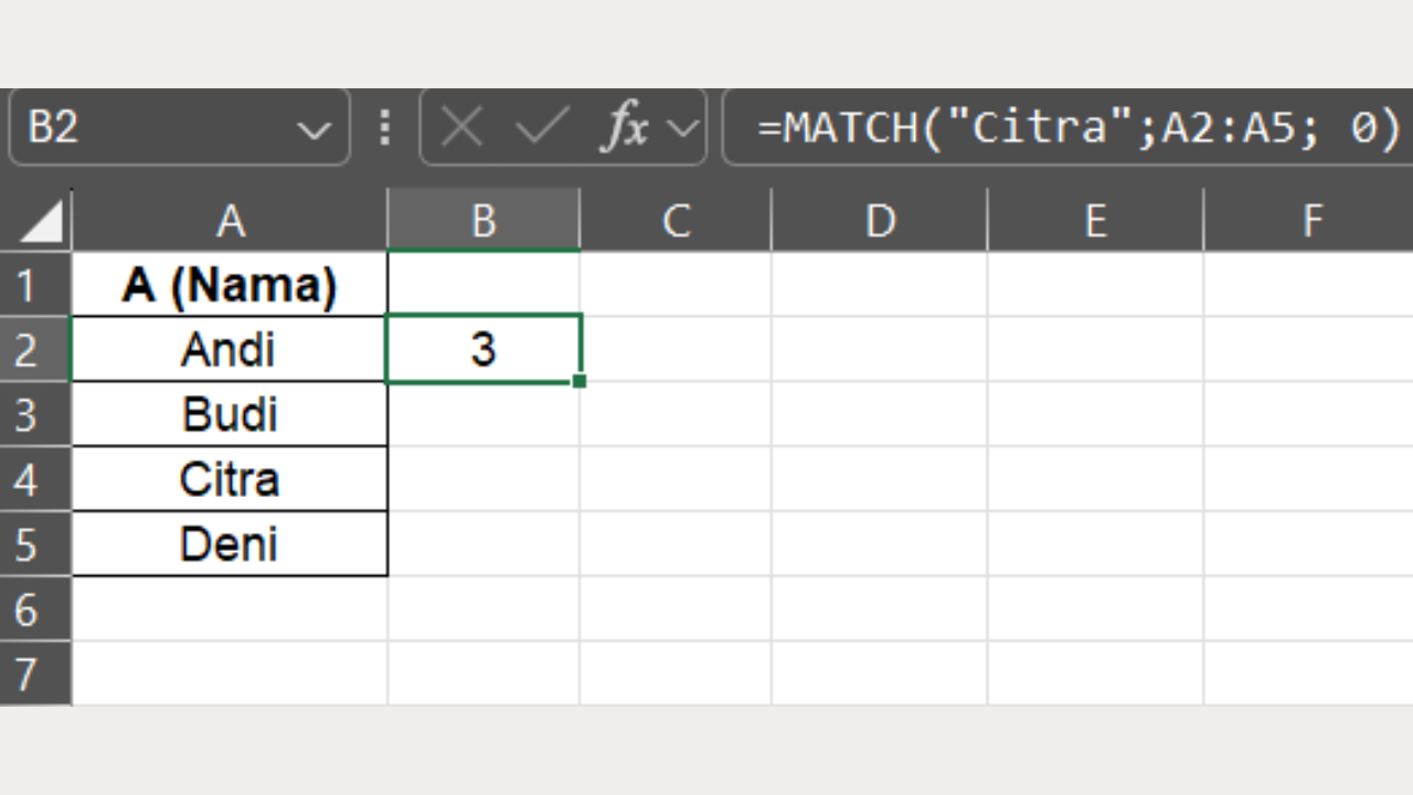 Tekan Tombol Enter agar Excel Menampilkan MATCH