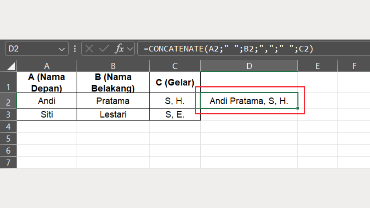 Tekan Tombol Enter untuk Menampilkan CONCATENATE