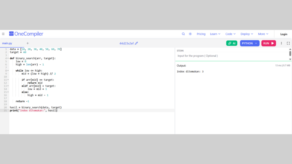 Hasil Kode untuk Praktek Menggunakan Binary Search di Python