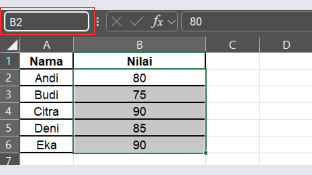 Klik Name Box di Sebelah Kiri Formula Bar