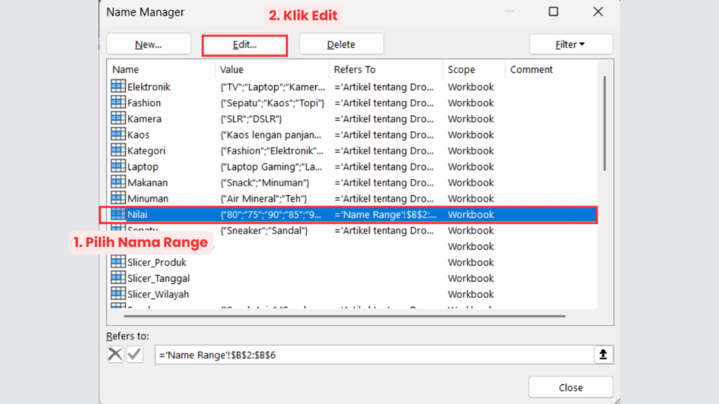 Pilih Name Range yang Ingin Diubah dan Klik Edit
