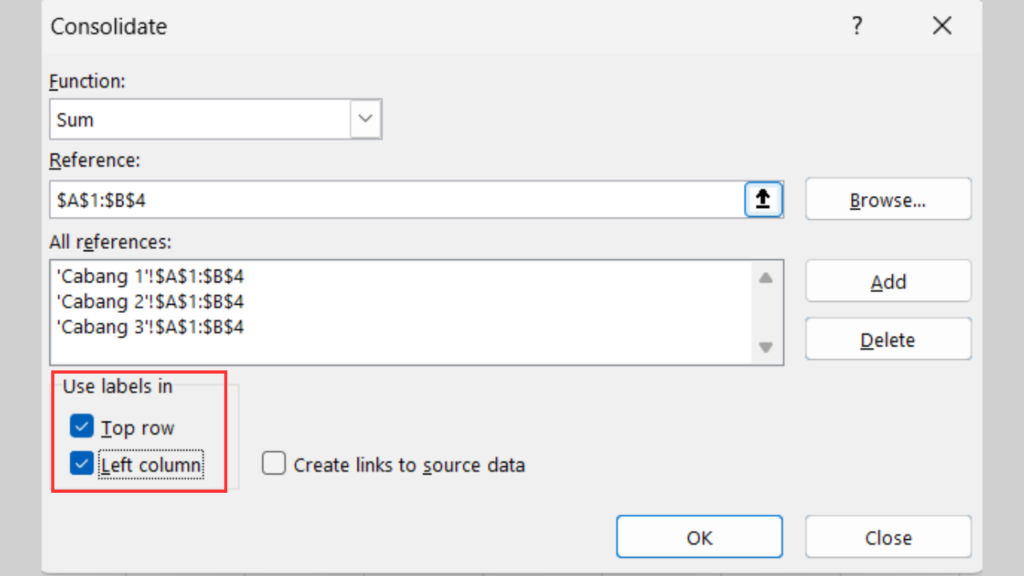 Berikan Centang di Bagian Top Row atau Left Column